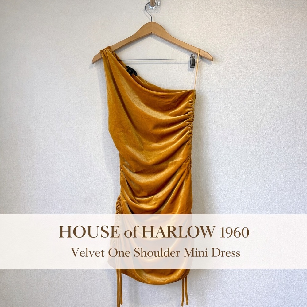 House of Harlow 1960 Velvet One Shoulder Ruched Mini Dress Gold Size S